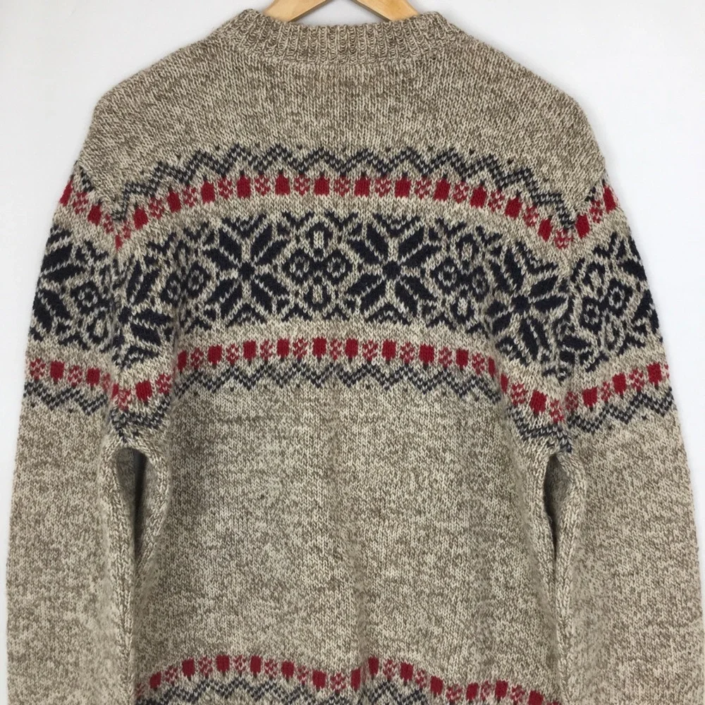 Vintage L.L. Bean Fair Isle Wool Sweater Size L Nordic Snowflake Crewneck USA